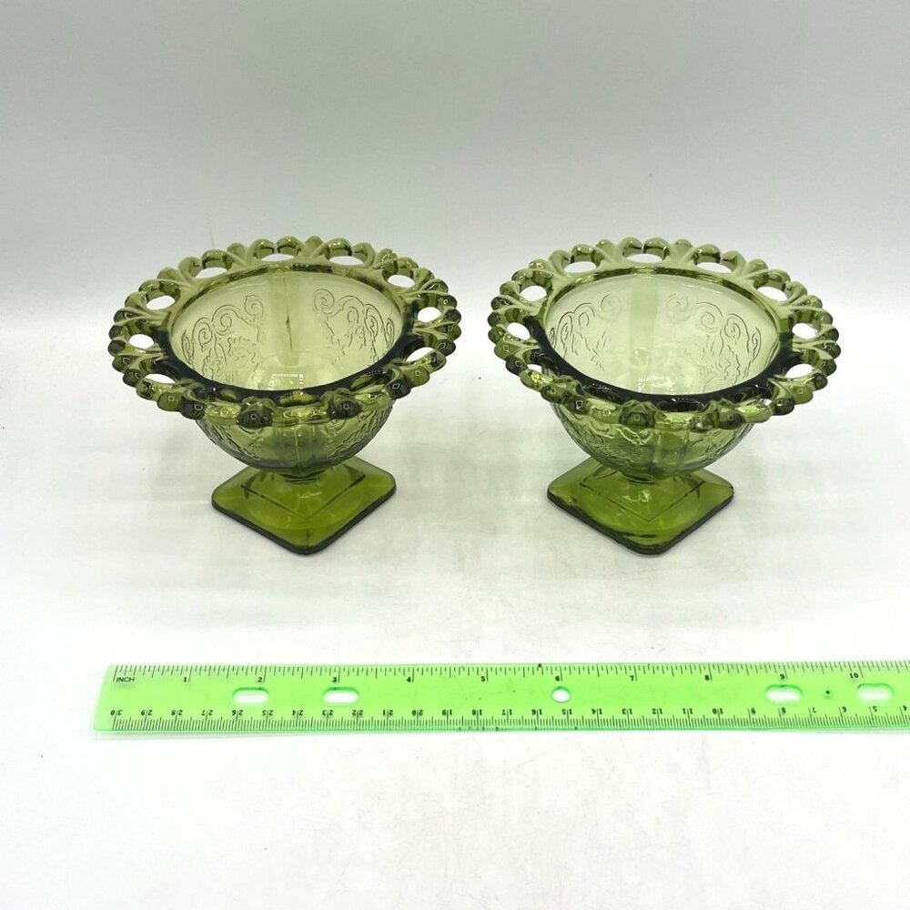 Vintage Green Glass Dessert Bowls Set Of 2 With Decorative Rim Floral Design - Picture 5 of 15